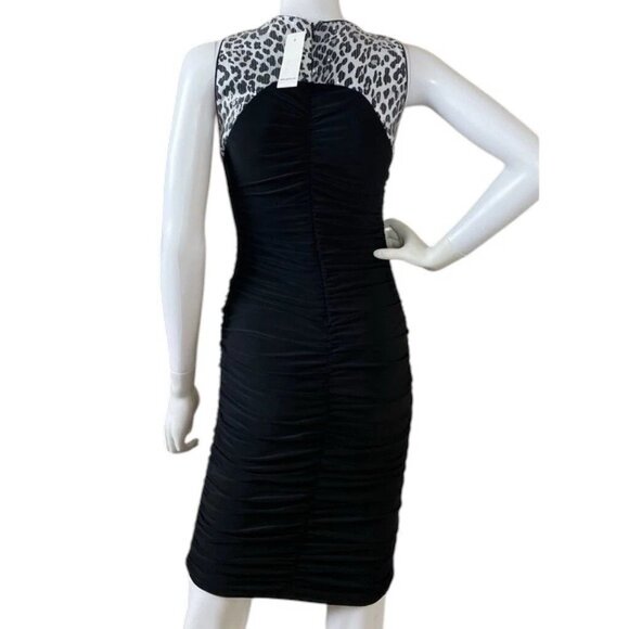 New Cache Leopard Print Sequined Ruched Bodycon Cocktail Dress Black Gray Size 2 - Picture 2 of 9